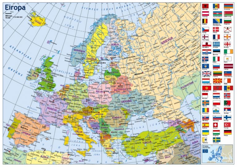Eiropas politiskā un fizioģeogrāfiskā karte A3 formātā - Jāņa sēta